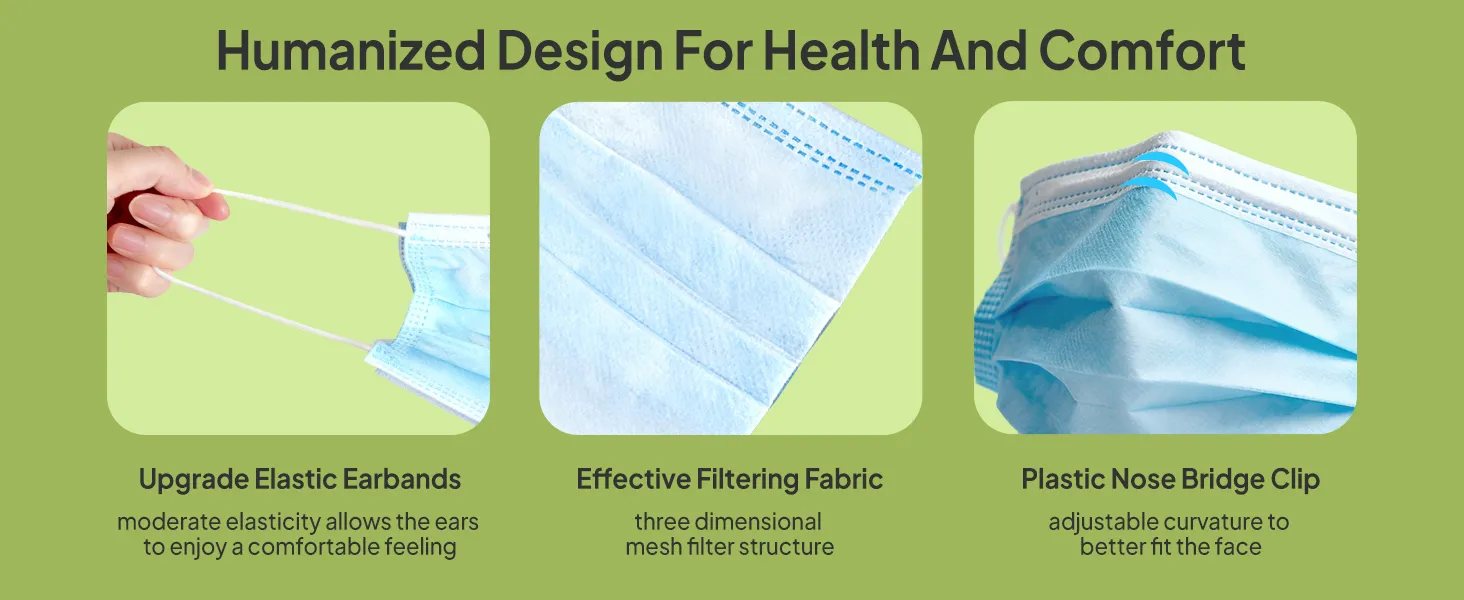 Face mask details: upgraded elastic earbands, effective filtering fabric, and adjustable plastic nose bridge